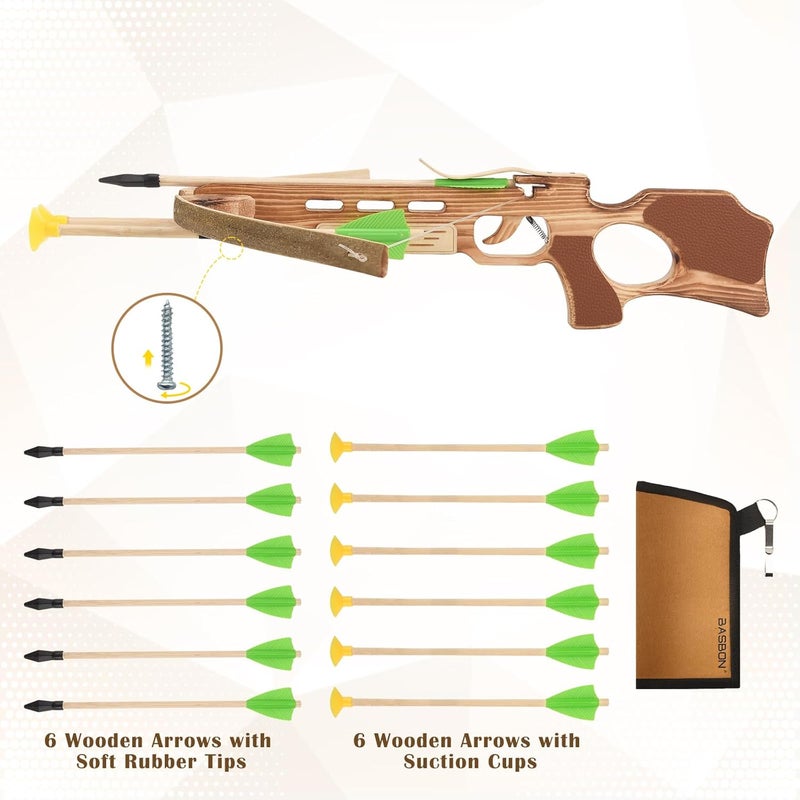 Basbon Crossbow Toy Set for Kids with 12 Handmade Wooden Arrows and Quiver, Cross Bow Archery Prop for Costume Cosplay, Halloween Party Role Play Gift for Boys and Girls, Green - Image 3